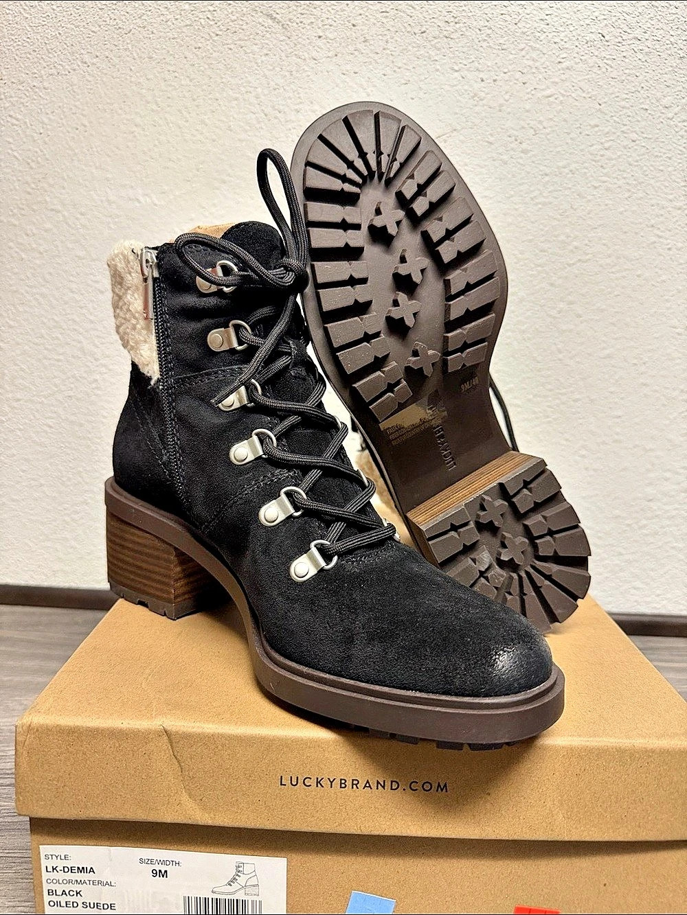 Lucky Brand Lecia Shearling Cuff Ankle Boots Black Like New